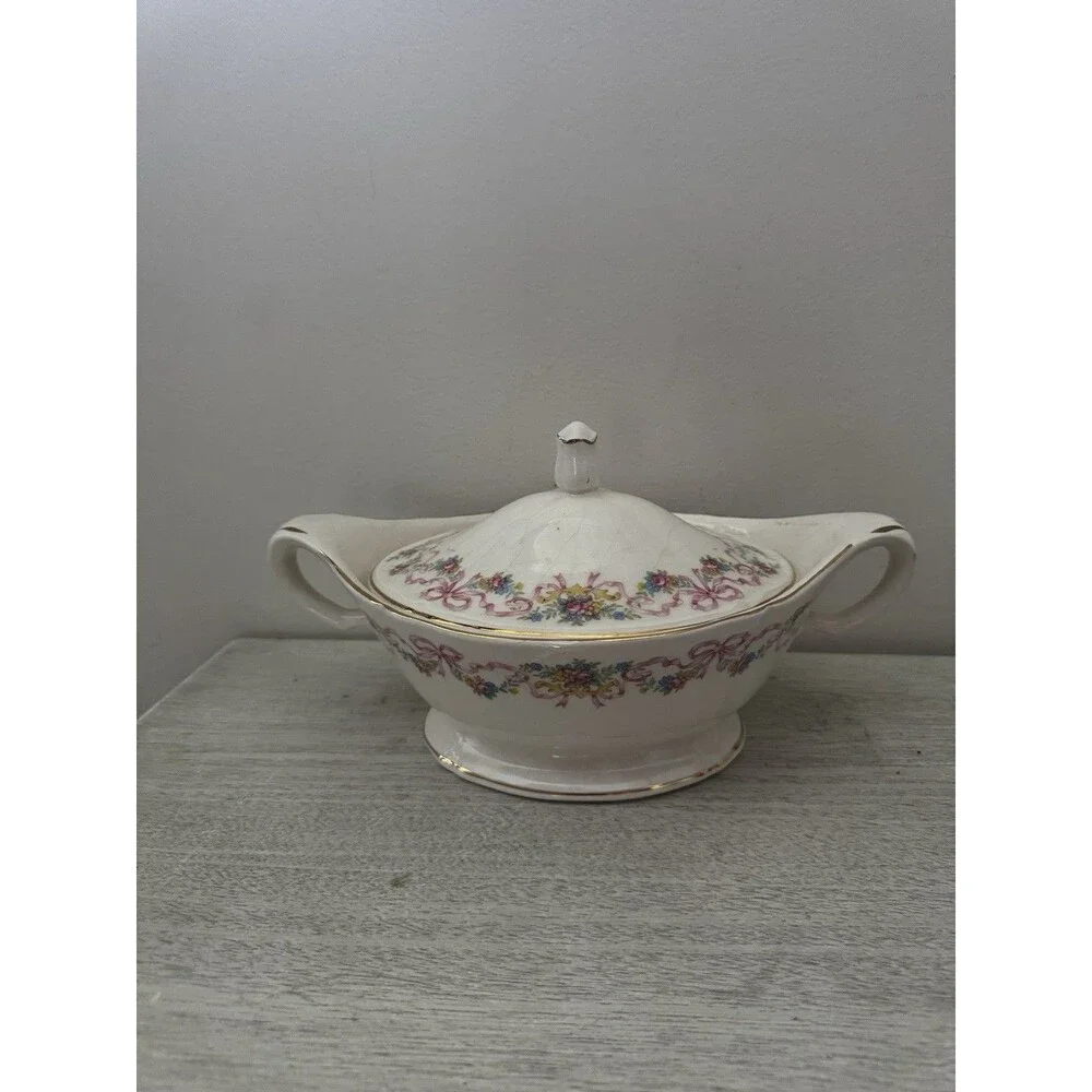 Vintage Edwin M Knowles Covered Vegetable Bowl Pink Roses Gold Trim